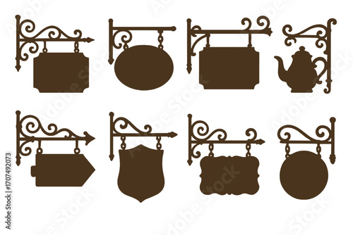 Vintage signboard silhouettes set, ornamental wrought iron hanging signs, vector cartoon illustration with transparent background, classic decorative store signs collection