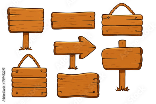 Wooden signboards collection, cartoon style vector illustration with transparent background, assorted wood plank signs with rope handles, arrow shaped and blank board set perfect for design