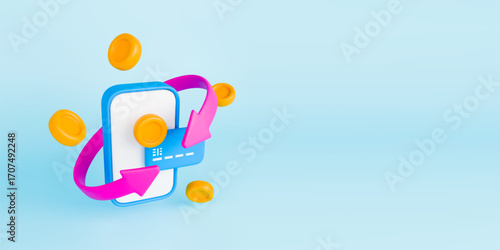 3d cashback arrow transaction concept. Realistic mobile phone with credit card, flying gold coins around and pink arrow. Online banking, payment or loan service. Vector illustration banner