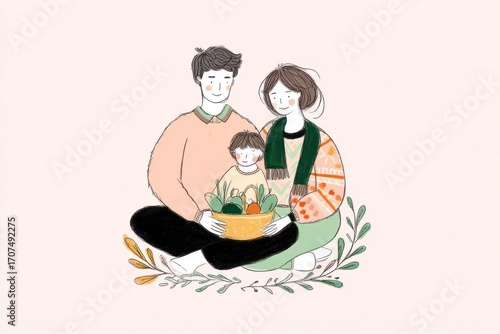Parents and their child harvest apples together in a serene garden during autumn, surrounded by vibrant trees and fallen leaves, creating a joyful family moment