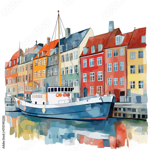 Nyhavn. Nyhavn watercolor vector illustration