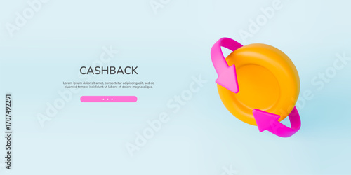 Cashback coin 3d. Realistic gold coin with pink arrow around. Cashback, refund and return landing page. Banner with sign of refund and digital payment with money back. Vector illustration