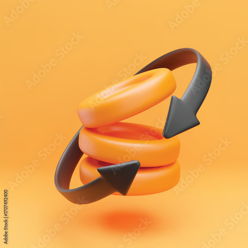Cashback coins 3d. Realistic gold coin stack with black arrows around. Cashback, refund and return concept. Sign of refund and digital payment with money back. Vector illustration on yellow background