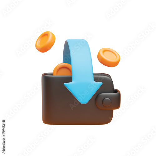Cashback and money refund 3d icon. Realistic wallet with gold coins and blue arrows around. Cashback, money or cash refund concept. Vector sign of money transfer and online payment