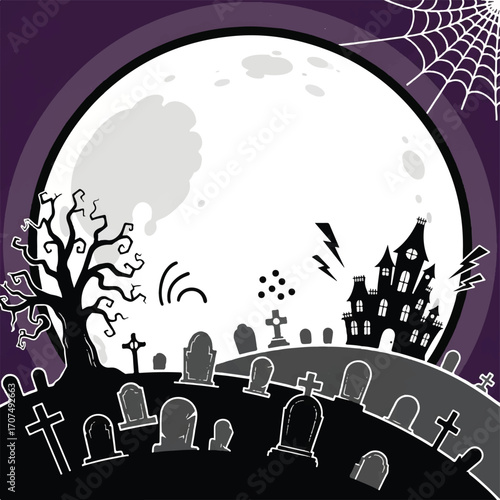 Halloween graveyard scene with haunted house and full moon.