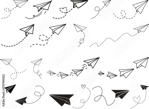 Vector set of hand drawn doodle paper airplane isolated on white background. Line icon symbol of travel and route. Vector icon.Paper plane with dotted line, Origami paper airplane, Travel symbol,