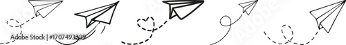 Vector set of hand drawn doodle paper airplane isolated on white background. Line icon symbol of travel and route. Vector icon.Paper plane with dotted line, Origami paper airplane, Travel symbol,