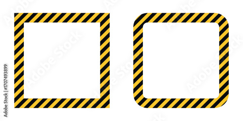 Warning frame set with black and yellow diagonal caution stripes. Hazard square borders with sharp and rounded corners. Safety sign template for construction, danger, restriction, security