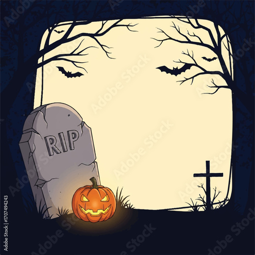 Spooky Halloween night scene with a glowing jack-o'-lantern next to a tombstone, silhouetted trees, and flying bats framing a central light area.