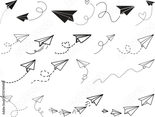 Vector set of hand drawn doodle paper airplane isolated on white background. Line icon symbol of travel and route. Vector icon.Paper plane with dotted line, Origami paper airplane, Travel symbol,
