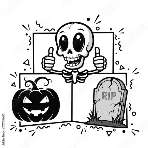 A cute cartoon skeleton gives a thumbs-up in a fun black and white Halloween illustration with a pumpkin and tombstone.