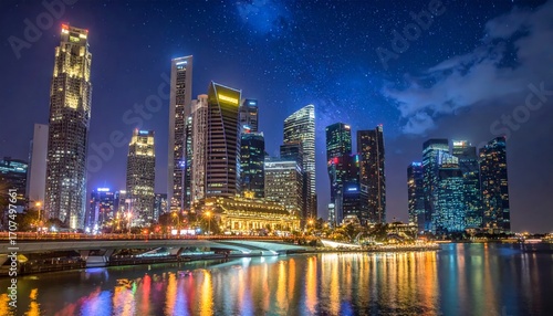 Hong Kong's urban skyline with its illuminated skyscrapers and their reflections in the water