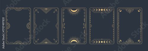 Vintage tarot frame collection with moon phases and celestial ornaments for mystical card design. Golden borders with sun rays, stars and geometric patterns on dark background. Esoteric templates.