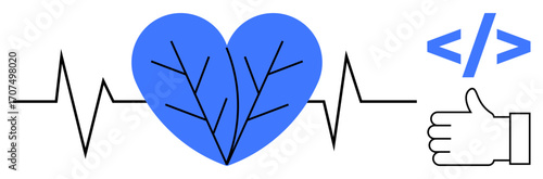 Blue heart with leaf veins, EKG line, coding bracket, and thumbs-up combine health and technology themes. Ideal for healthcare, tech innovation, coding, wellness, sustainability teamwork simple