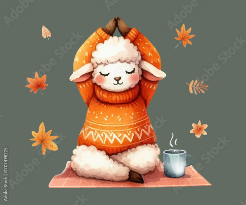 Lamb sitting in lotus position, yoga, mat, autumn, leaves, watercolor style, vector, hand drawn.
