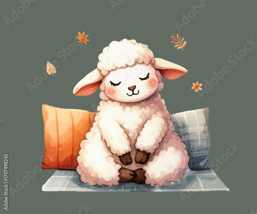 Lamb sitting in lotus position, yoga, mat, autumn, leaves, watercolor style, vector, hand drawn.
