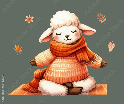 Lamb sitting in lotus position, yoga, mat, autumn, leaves, watercolor style, vector, hand drawn.
