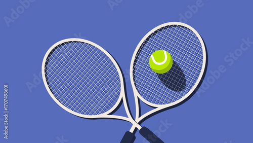 Two tennis rackets with a ball set against a blue background.