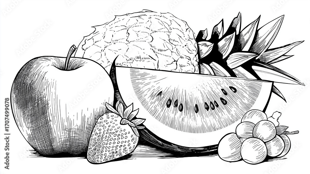 Fototapeta premium Kolorowa rysowanka dla dzieci z różnymi owocami