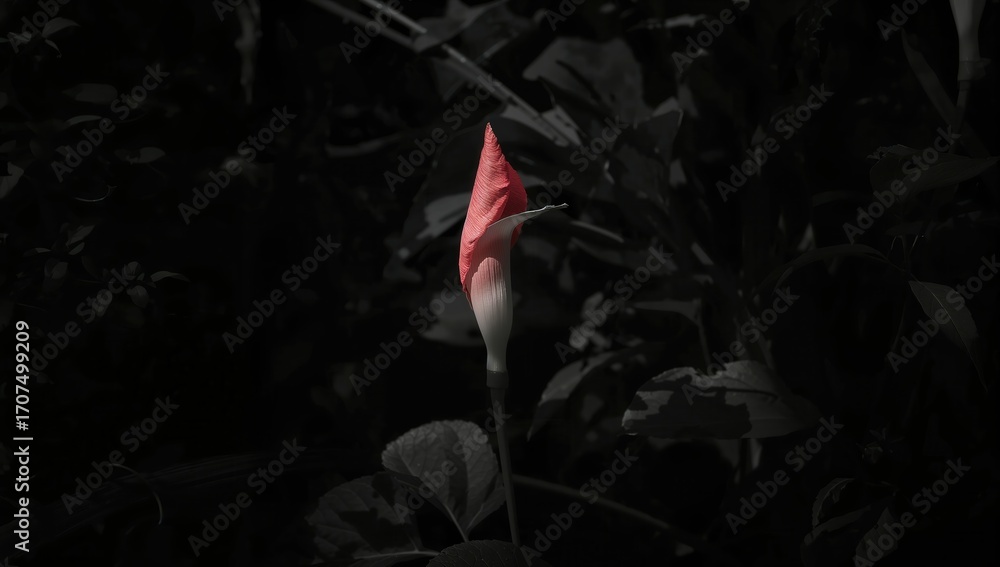 Obraz premium A striking bud of a vibrant red flower emerging against a dark, lush background in a tropical setting