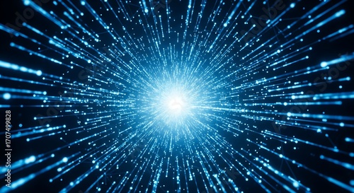 Futuristic abstract background with a burst of blue light particles, illustrating high-speed data transfer, network connections, and modern technology.
