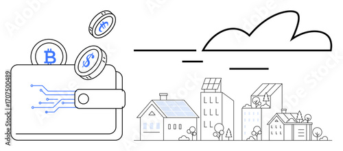 Digital wallet with electronic cryptocurrency coins next to eco-friendly smart city with solar panels. Ideal for finance, technology, energy, innovation, sustainability, future urbanization, digital