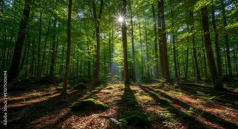 Fototapeta premium Green Forest Light A vivid depiction of sunlight streaming through dense green forest trees