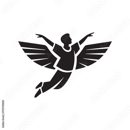 A vector style logo with a silhouette of a person with outstretched arms and wings. 