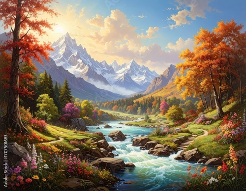 A vibrant autumnal landscape unfolds, showcasing a rushing river amidst a valley, surrounded by colorful foliage and snow-capped mountains, bathed in warm sunlight.