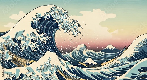 Iconic Japanese ukiyo-e art depicting a colossal wave threatening fishing boats with Mount Fuji in the background. A timeless masterpiece of nature's power and human struggle.