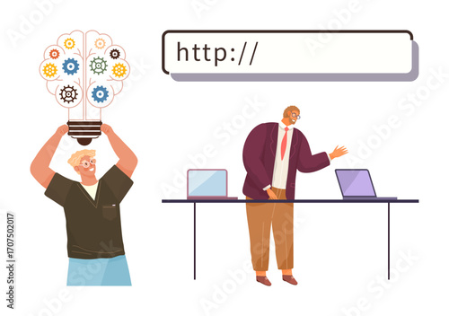 Man holding gear-filled lightbulb representing ideas, while another points at laptops beneath a URL bar. Ideal for creativity, innovation, teamwork, technology, brainstorming, online solutions