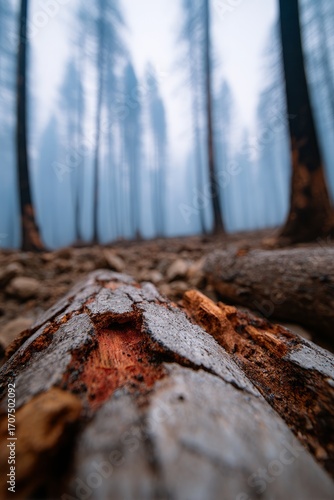 Charred tree trunks in a burnt forest with a misty background.