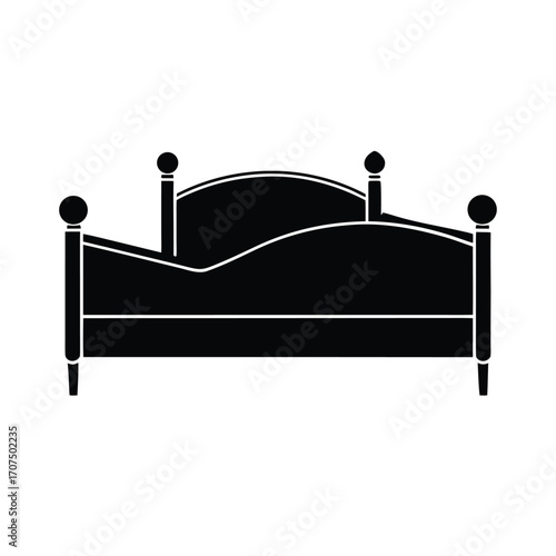 Minimalist black silhouette of a bed on a clean white background