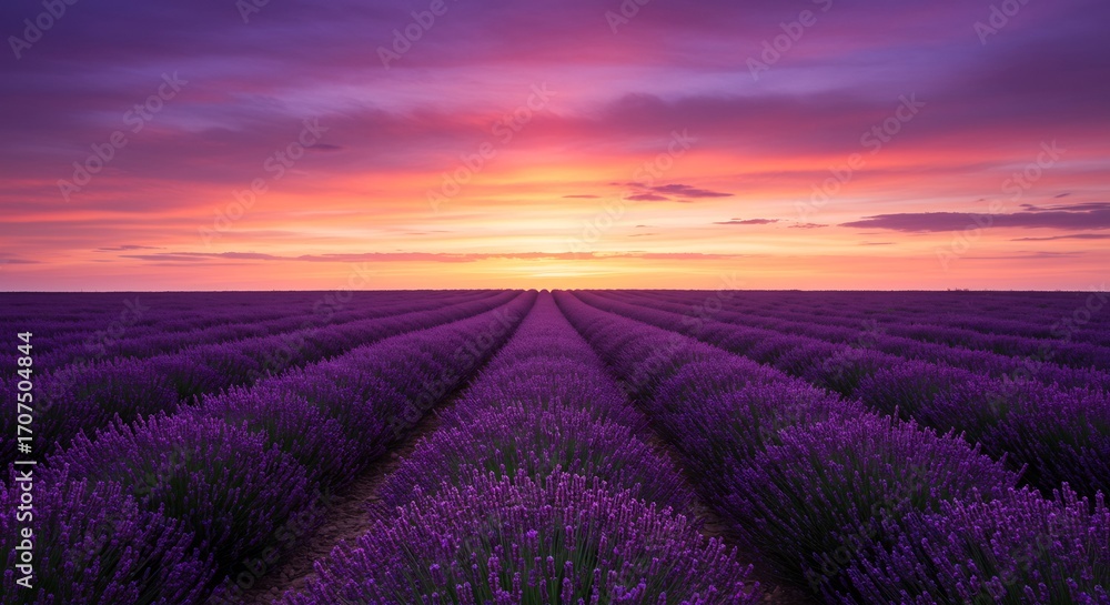 Obraz premium 夕焼け染まるラベンダー畑 穏やかな光広がる 美しい風景. AI Generated