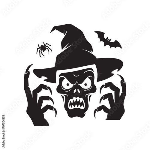 A vector style silhouette of a Halloween-themed face design with a white background. 