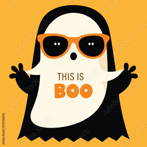 A playful cartoon ghost wearing cool orange sunglasses and a black hooded robe with the words this is boo written on its chest in a fun font and three orange donut shapes below