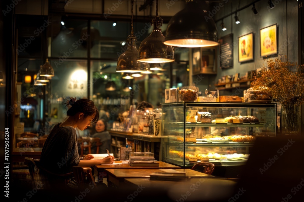 Fototapeta premium A cozy café with warm lighting and the smell of fresh pastries. An employee is journaling quietly. The mood feels reflective and gentle, Generative AI 
