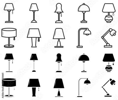 lamp glyph set icon, types of bedroom lamps.