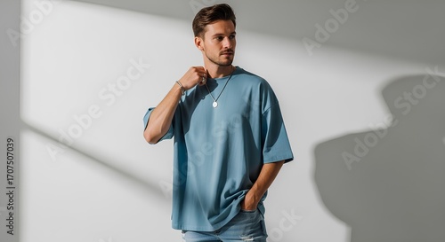 Stylish young man in a light blue oversized t-shirt posing against a white wall with dramatic shadows