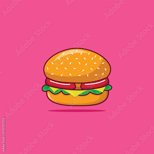 Ilustrasi Burger Kartun dengan Keju, Selada, dan Sosis di Latar Belakang Pink
