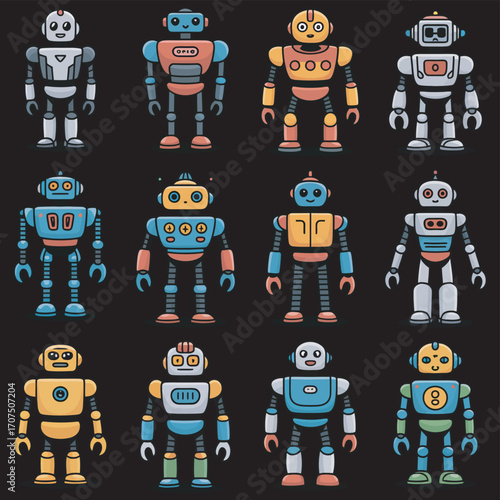 Collection of cute and colorful cartoon robot characters. Set of twelve different friendly android mascots isolated on a dark background for technology concepts