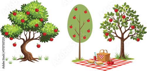 Apple trees with ripe red fruits, picnic basket, food, outdoor nature scene, cartoon orchard illustration, summer fruit garden landscape.