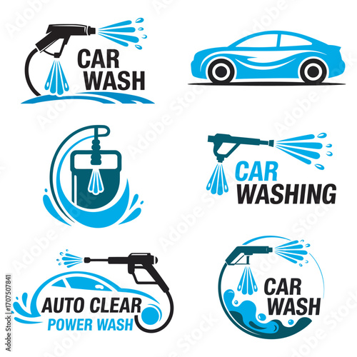 Set of car wash service emblems and logo templates. Collection of vector icons for automotive cleaning and power washing services. 