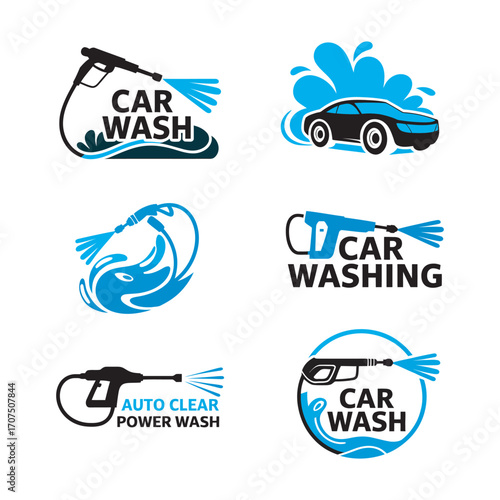A set of vector logo templates for car washing, featuring high-pressure water guns and vehicle silhouettes for automotive detailing business branding