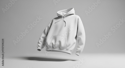 Blank white hooded sweatshirt floating on a clean studio background. 3D rendered apparel mockup for clothing design and brand presentation