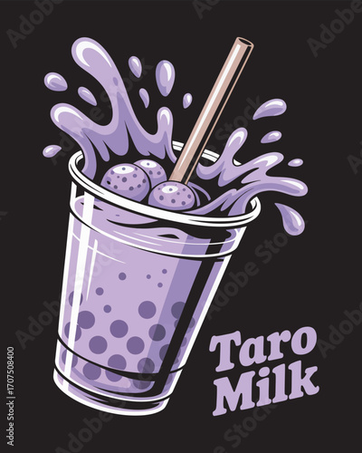 Vibrant purple taro milk tea splashing from a cup with tapioca pearls, a dynamic and refreshing beverage vector graphic illustration. 