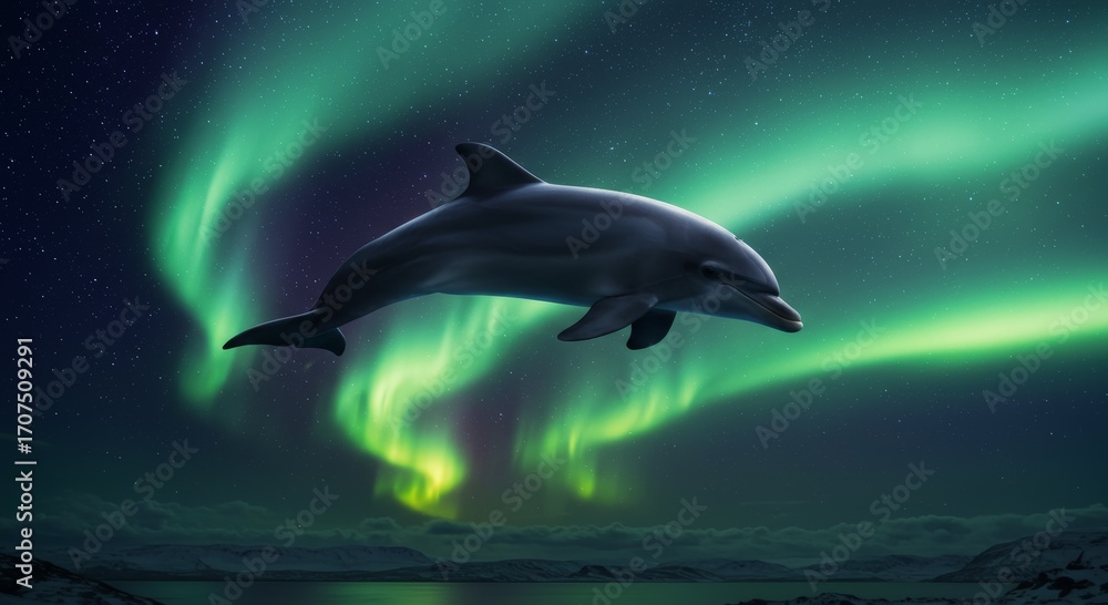 Fototapeta premium Dolphin and Northern Lights: A captivating scene where a dolphin leaps gracefully against the backdrop of the mesmerizing Aurora Borealis, a spectacle of natural wonder.