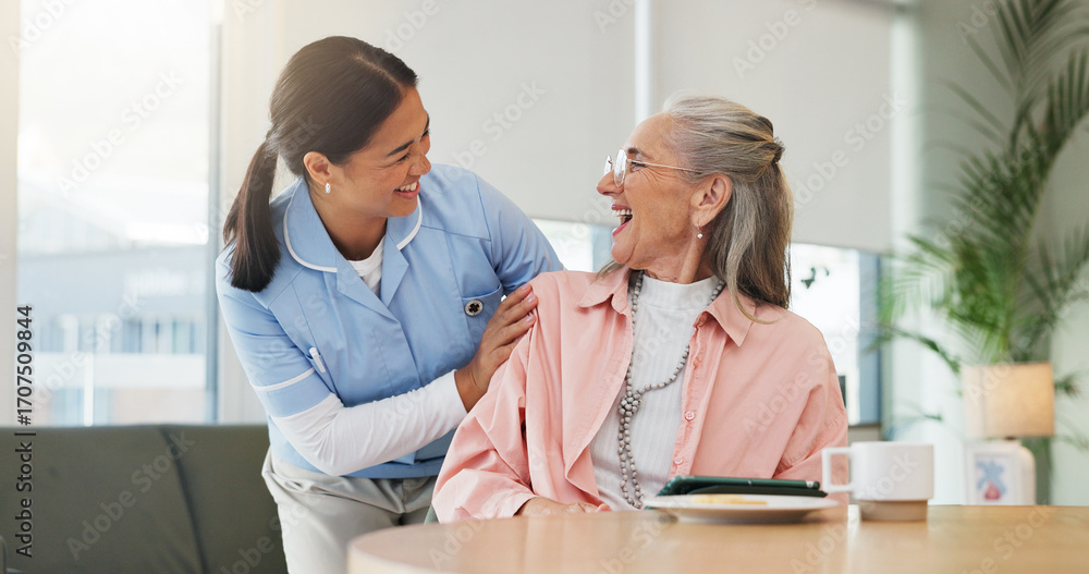 Fototapeta premium Happy, nurse and comfort old woman at house for support, assurance and good news of diagnosis. Smile, caregiver and senior person for checkup, medical assistance and compassion with healthcare advice