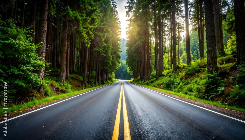 Fototapeta premium Empty road through a lush forest