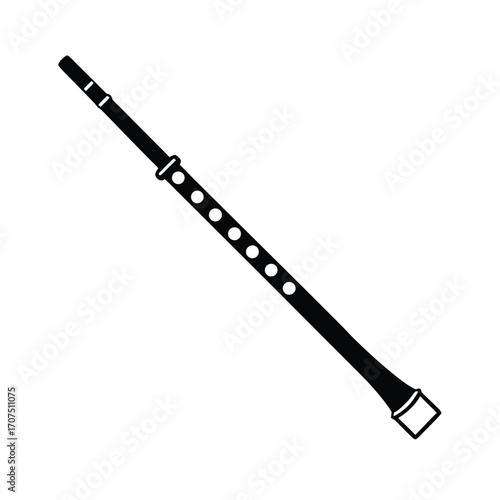 Minimalist black silhouette of a flute on a clean white background